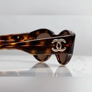 Auth CHANEL Havana Gold Tortoise Shell Sunglasses Gold CC Oval Cat eye ❤️‍? CHANEL Vintage 91235 brown tortoise resin gold CC logo cat  main image 3